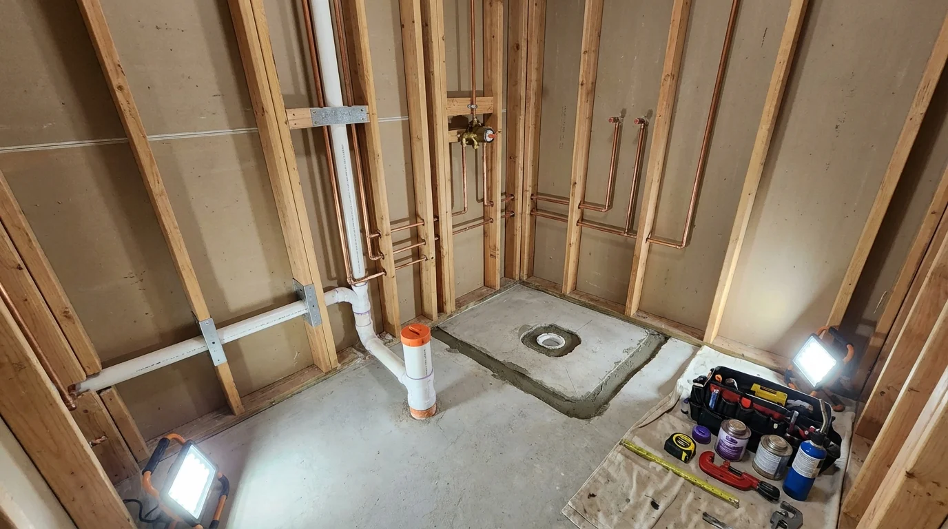 Bathroom rough-in plumbing during remodel by Johns Plumbing LLC in Worland