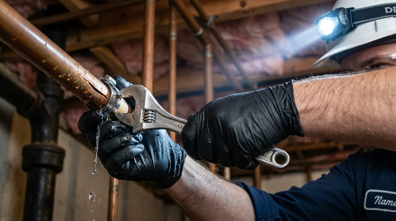 Emergency pipe clamp repair being performed by a Johns Plumbing LLC plumber in Worland
