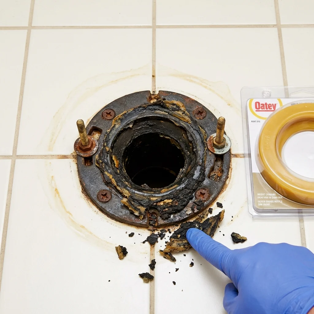 Failed wax ring showing water seepage at the base of a toilet in a Worland, WY home