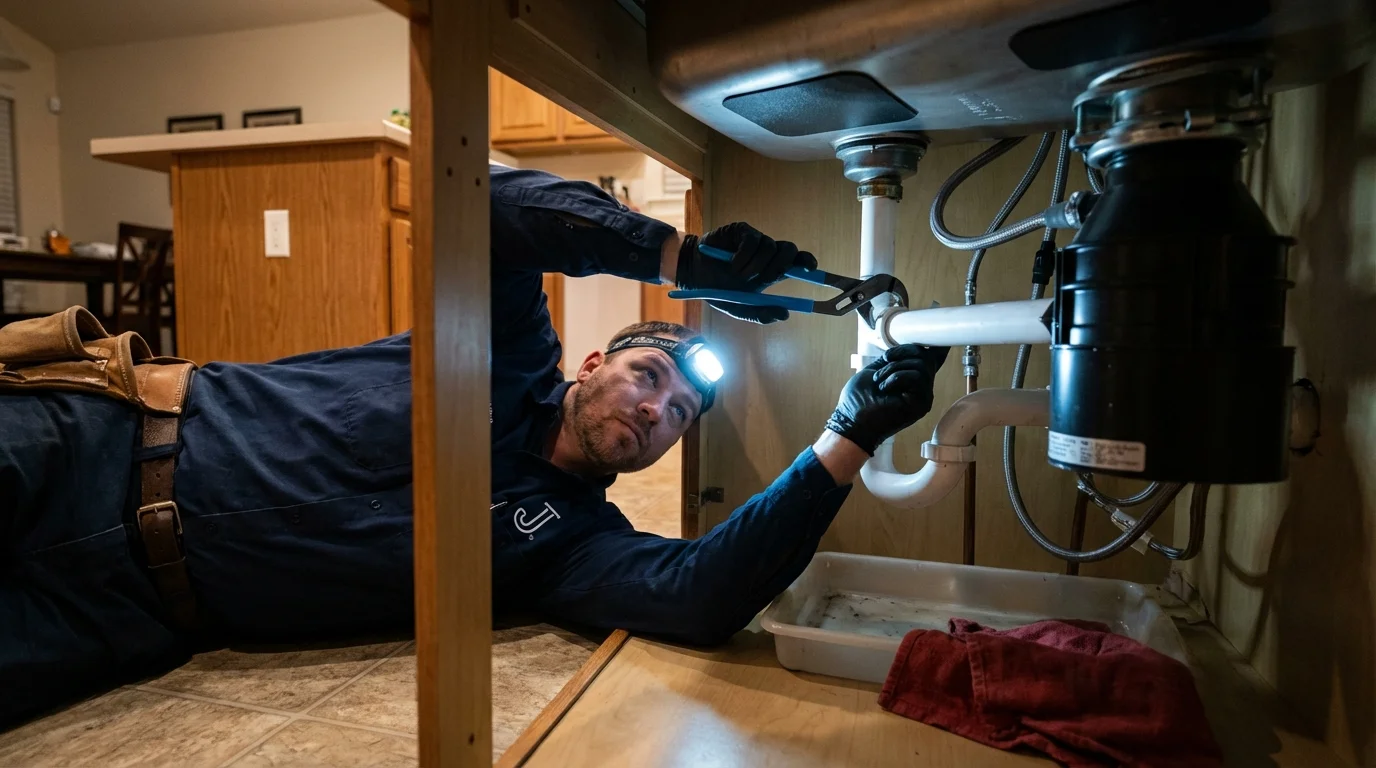 P-trap and supply line connections under a kitchen sink showing a common leak point in Worland, WY